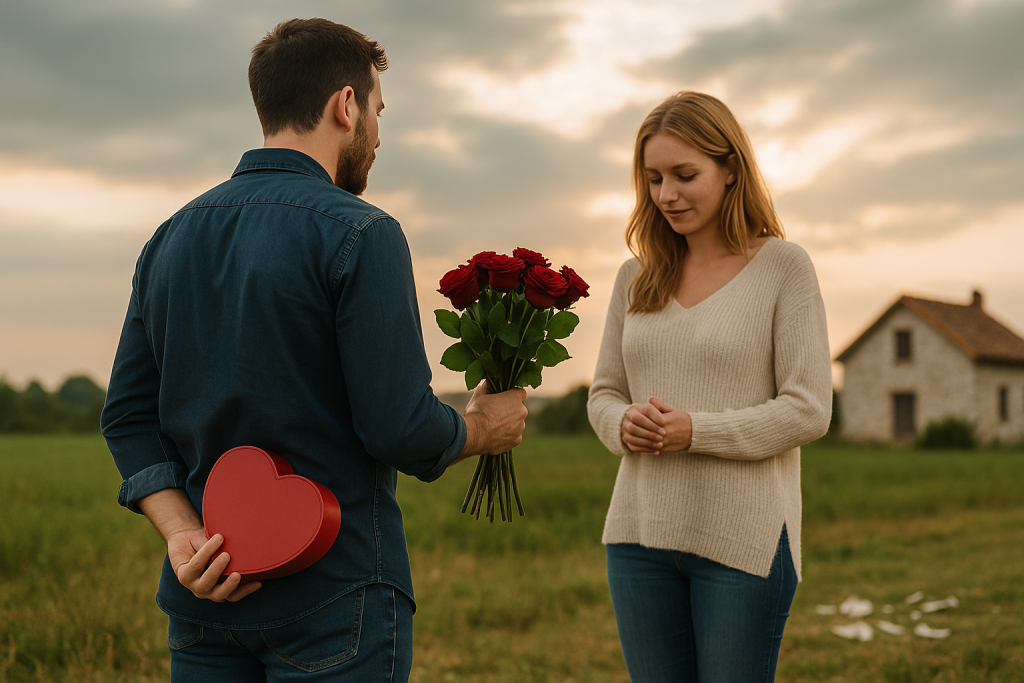 Ein Mann schenk rote Rosen einer Frau, im Hintergrund sind Scherben von letztem Streit zu sehen. Ein Symbolbild für Taktiken eines Narzissten nach der Trennung