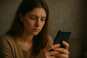 Frau schaut traurig auf ihr Handy