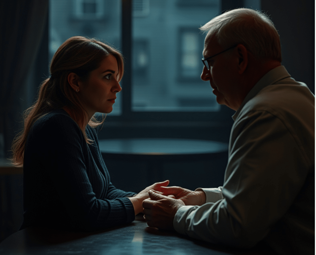 Eine junge Frau sitzt am Tisch mit einem älteren Mann. Das Bild soll ein Dialog zwischen narzisstischen Vater und seiner erwachsenen Tochter darstellen.