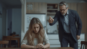 Ein ältere Mann redet aufgeregt mit einer jüngeren Frau, die am Küchentisch deprimiert sitz. Symbolbild für narzisstischen Vater, der seine erwachsene Tochter manipuliert