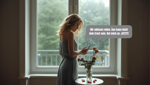 Eine Frau steht am Fenster und liest eine Nachricht von ihrem Ex-Freund, der die Trennung nicht akzeptieren will. Ein Symbolbild für einen Narzissten, der die Trennung nicht akzeptieren kann.