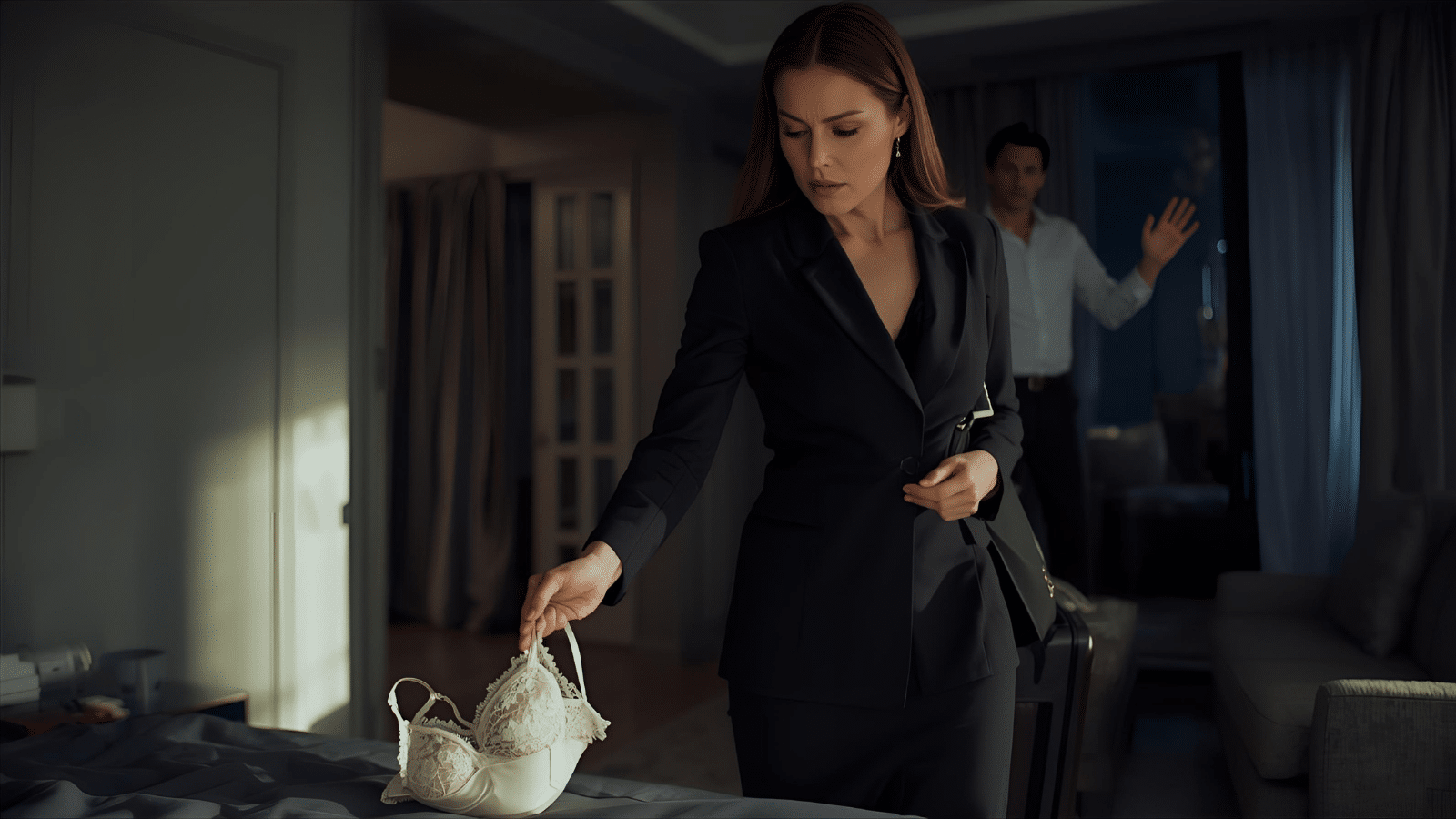 Eine Frau Ende 30 in elegantem, leicht zerknittertem Businessanzug, stehend in modernem Schlafzimmer mit weichem gedämpftem Licht. Sie hebt zart ein weißes Spitzen-Damenunterwäsche-Stück vom Bett auf und schaut nachdenklich überrascht. Im Hintergrund ein Mann Ende 30, der beruhigend die Hand hebt. Ein Symbolbild für Doppelleben eines Narzissten