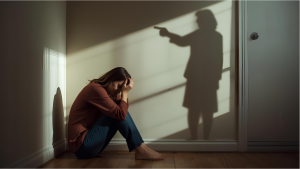 Eine erwachsene Frau sitzt auf dem Boden, Gesicht in die Hände vergraben. Eine Große weibliche Schatten steht über sie. Ein Symbolbild für narzisstische Mutter.