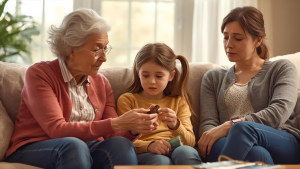 Oma gibt ihre Enkelin was Süßes, Mutter schaut es missbilligend an. Ein Symbolbild für narzisstische Oma, die ihr Enkelkind gegen ihre Mutter manipuliert