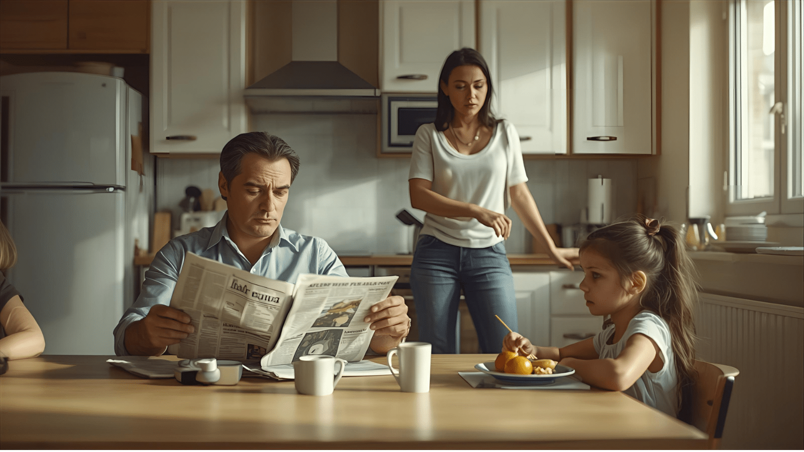 Das Bild stellt eine dysfunktionale Familie dar: ein narzisstischer Vater sitzt dominant und abweisend am Küchentisch und ließt die Zeitung, die schwache Mutter steht unsicher in der Küche und eine zehnjährige Tochter sitzt verängstigt am Tisch, versucht schnell ihr Frühstück zu essen, um nichts falsch zu machen.