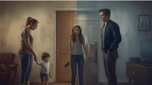 Eine Familie steht im Wohnzimmer, Mutter, Vater, 2 Kinder. Symbolbild für die Trennung von Narzissten mit gemeinsamen Kindern