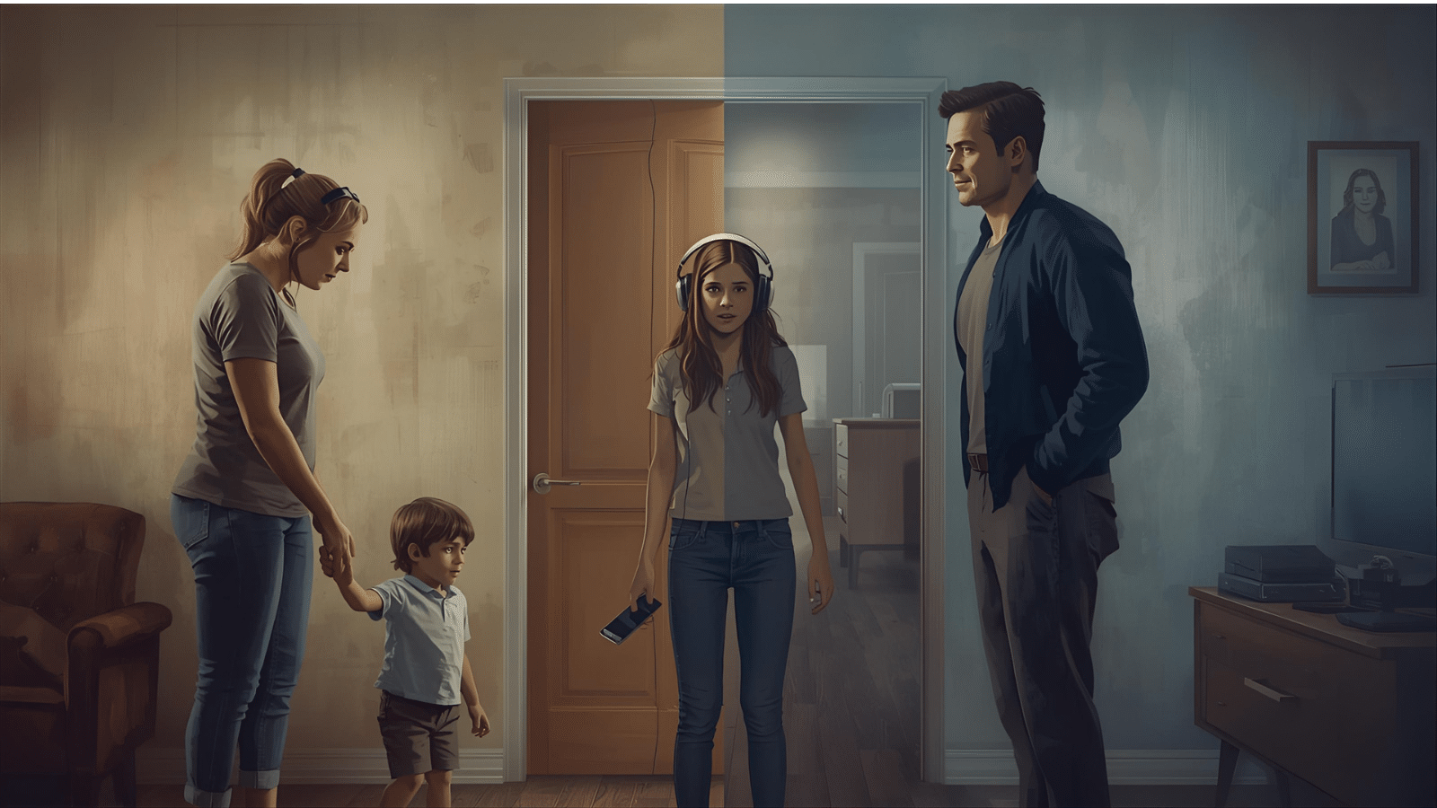 Eine Familie steht im Wohnzimmer, Mutter, Vater, 2 Kinder. Symbolbild für die Trennung von Narzissten mit gemeinsamen Kindern