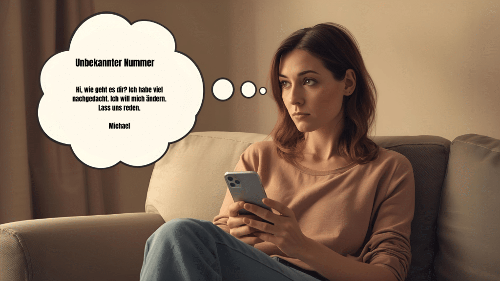 Eine Frau Mitte 30 sitzt auf ihrem Sofa. Neben ihrem Kopf ist eine große Gedankenblase. In dieser Blase sieht man auf dem Smartphone-Display eine Textnachricht von einer unbekannten Nummer mit folgendem Text: „Hi, wie geht es dir? Ich habe viel nachgedacht. Ich will mich ändern. Lass uns reden.“ Symbolbild für Hoovering durch einen Narzissten.