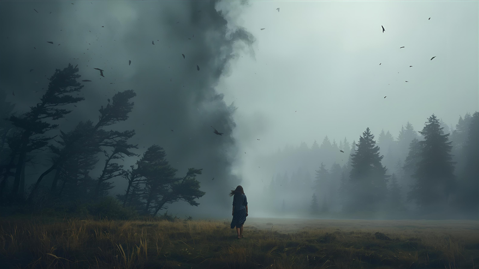 Ein Frauenfigur wandert verloren zwischen einem Hurrikan und einem Nebel, Symbolbild für malignen und verdeckten Narzissten