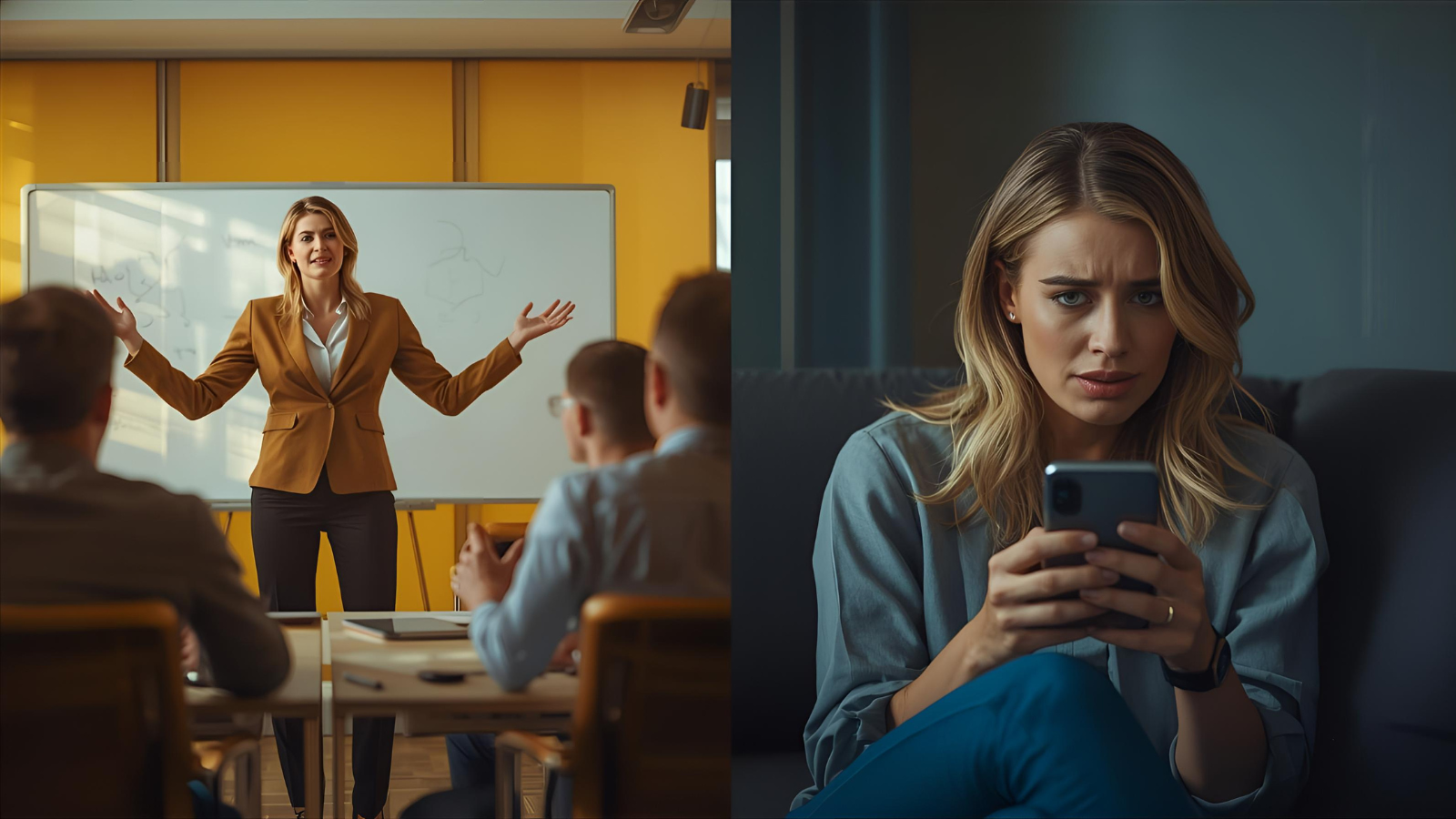 Links steht eine selbstbewusste Frau Mitte 30 in Business-Kleidung, die energisch in einem Meeting mit Männern präsentiert. Rechts dieselbe Frau zu Hause, zusammengesunken auf dem Sofa, Smartphone in der Hand. Symbolbild für Narzissten und starke Frau