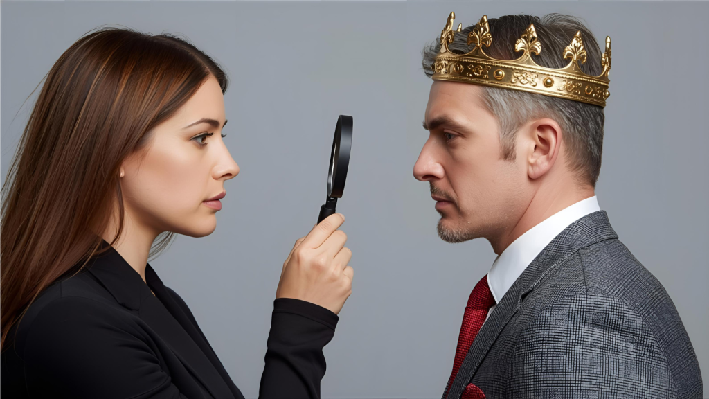 Eine Frau mit Luppe in der Hand betrachtet eine gutaussehenden Mann, der eine goldene Krone trägt. Ein Symbolbild für den Versuch einen Narzissten zu verstehen