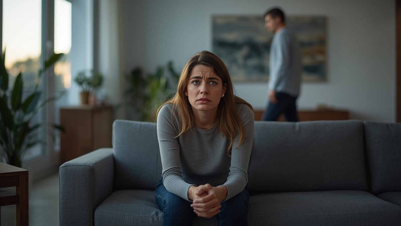 Eine junge Frau mittleren Alters sitzt traurig und nachdenklich. Sie schaut mit verletztem, suchendem Blick in die Ferne, die Hände nervös im Schoß verflochten, während ein unscharfer Mann im Hintergrund wütend durch den Raum geht . Ein Symbolbild fürs Beenden toxischer Beziehung trotz Liebe