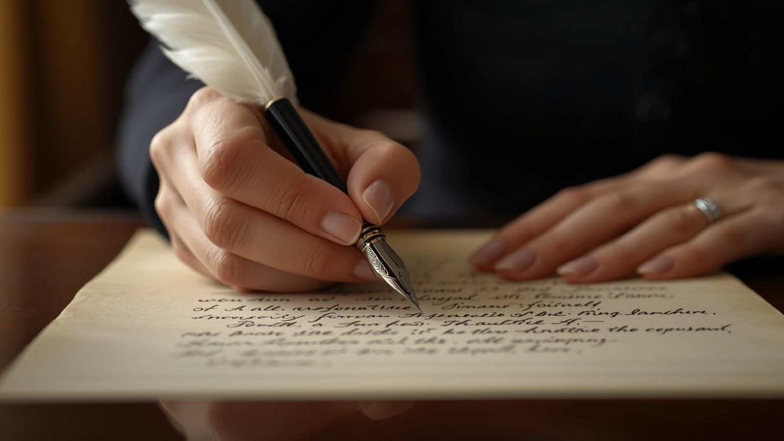 Weibliche Hand, die mit einer eleganten Schreibfeder einen Brief schreibt. Symbolbild für die Abschiedsworte an einen Narzissten