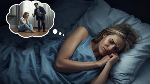 Eine schlafende Frau träumt von einem Streit aus ihre letzten Beziehung. Ein Symbolbild für Posttraumatische Belastungsstörung nach Beziehung mit Narzissten