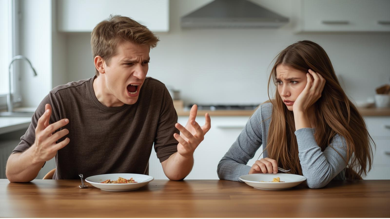 Junges Paar am Esstisch: Mann schreit wütend, Frau verunsichert mit gefallener Gabel – Symbolbild für narzisstische Wut in Beziehungen