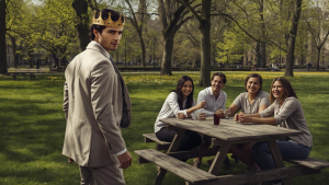 Ein gutaussehender Mann mit Krone dreht sich verunsichert von einer Gruppe selbstbewusster, freundlicher Menschen weg, die lachend Karten im sonnigen Park spielen. Ein Symbolbild, für Menschen, vor denen Narzissten Angst haben