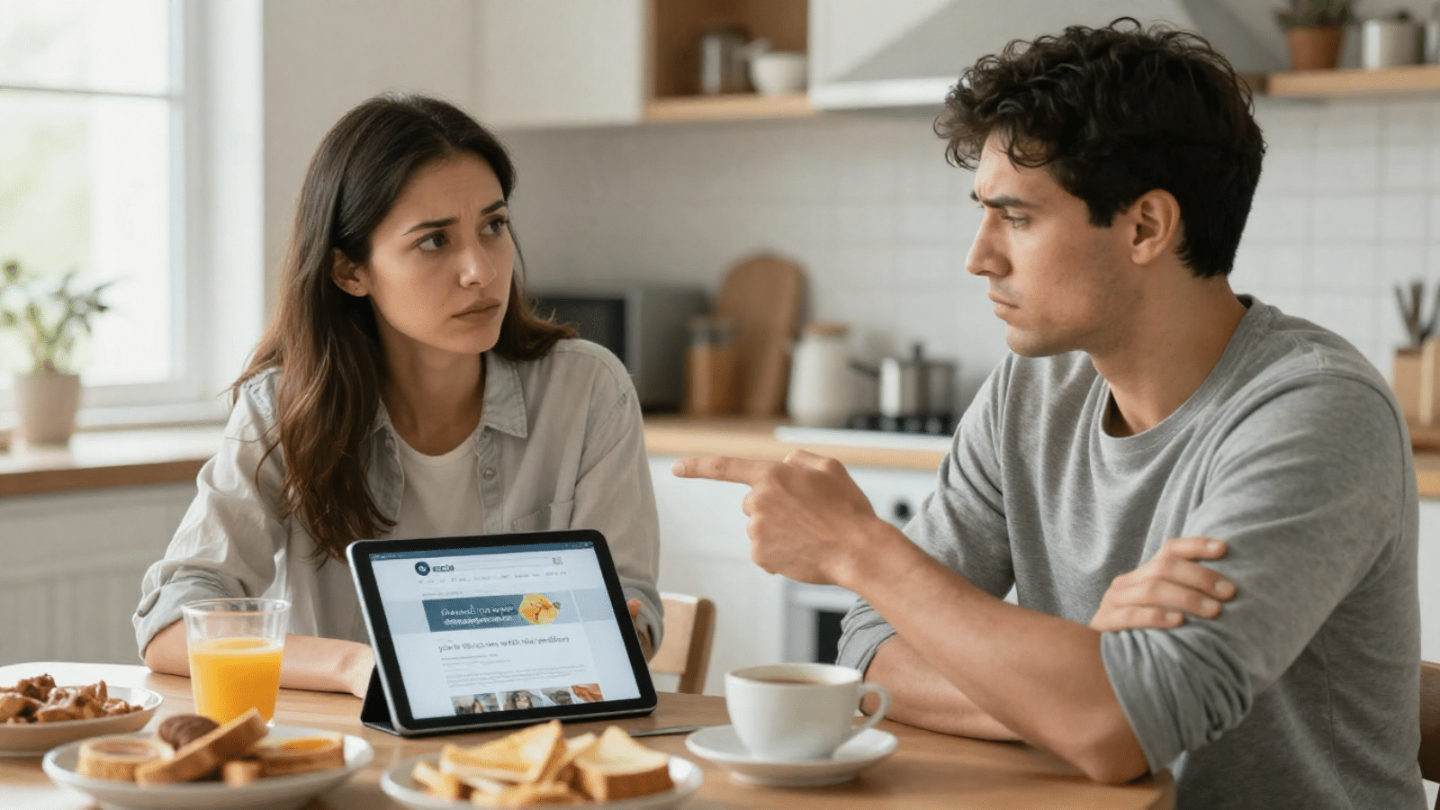 Symbolbild: Kann man einen Narzissten heilen? Eine Frau zeigt ihrem narzisstischen Partner Therapiemöglichkeiten auf dem Tablet