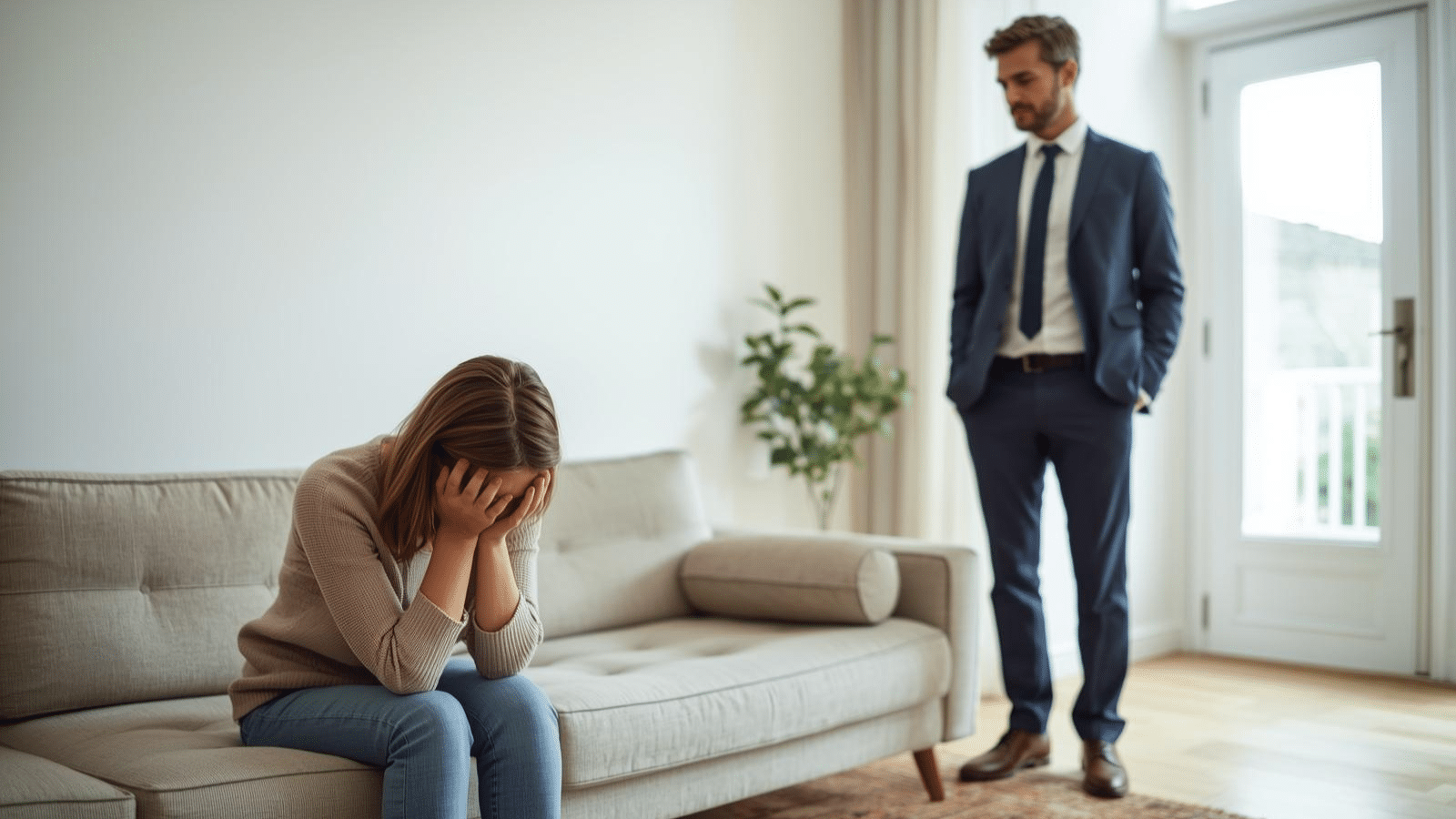 Eine weinende Frau sitzt zusammengekauert auf einem Sofa, während ein Mann neben ihr steht und sie mit einem kühlen, unbeteiligten Lächeln beobachtet – ein Bild, das zeigt, wer ein Psychopath ist: jemand, der den Schmerz anderer ohne jedes Mitgefühl wahrnimmt.