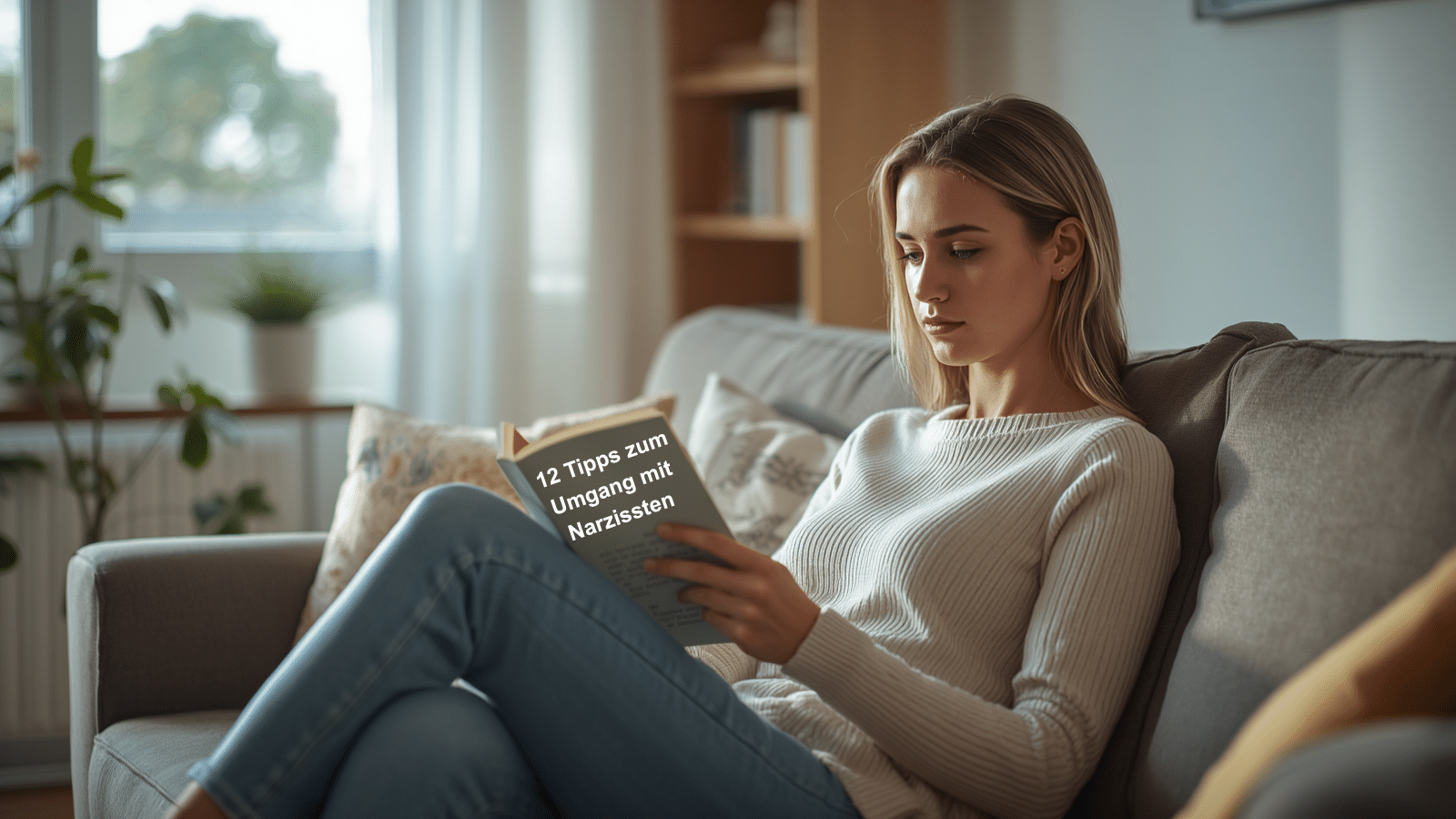 Junge Frau Anfang 30 sitzt auf einer Couch und liest ein Buch mit dem Titel „12 Tipps zum Umgang mit Narzissten“