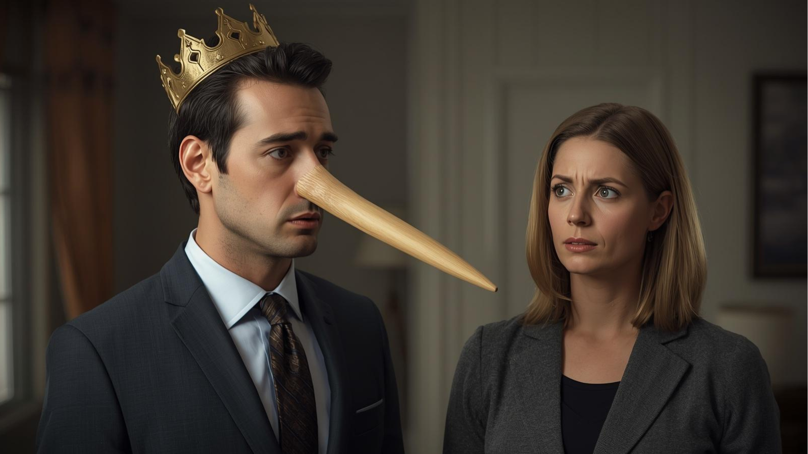 Mann mit goldener Krone und stark verlängerter Nase sitzt neben einer nachdenklichen, verunsicherten Frau – symbolisches Bild für die 5 Lügen, die Narzissten dir erzählen.