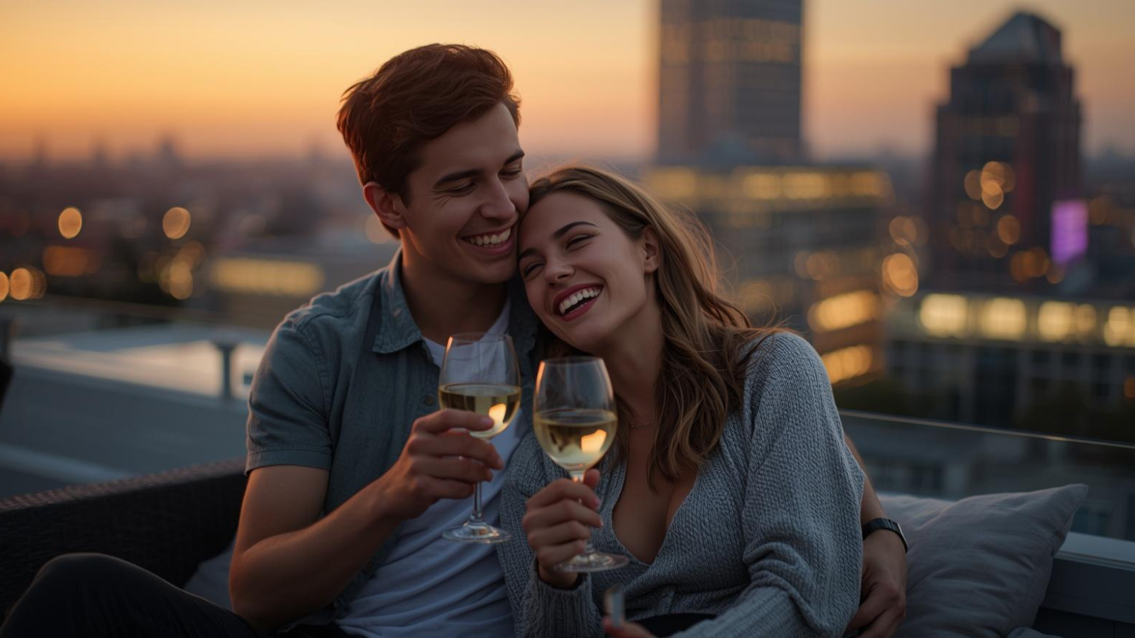 Mann wirkt in neuer Beziehung liebevoll und romantisch, während im Hintergrund die Frage bleibt, ob sich ein Narzisst in einer neuen Beziehung wirklich ändert, Dachterrasse bei Sonnenuntergang mit Wein und inniger Umarmung