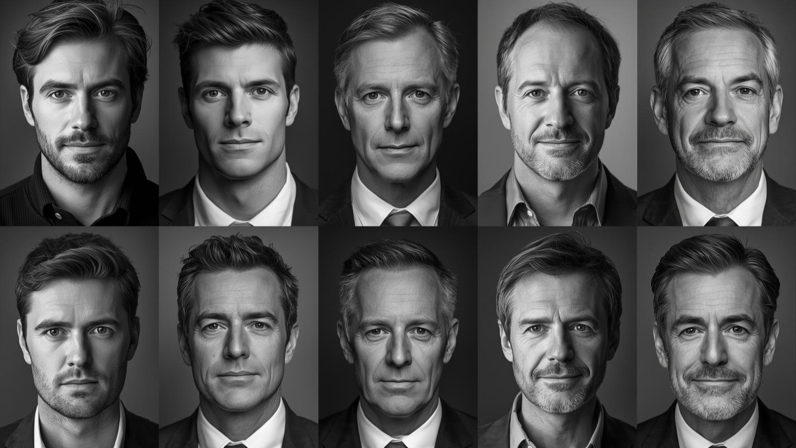 Collage mit Gesichtsausdrücken verschiedener Männer in Schwarz-Weiß – gut aussehend, normal wirkend, unauffällig: Symbolbild für die Gesichtszüge eines Psychopathen